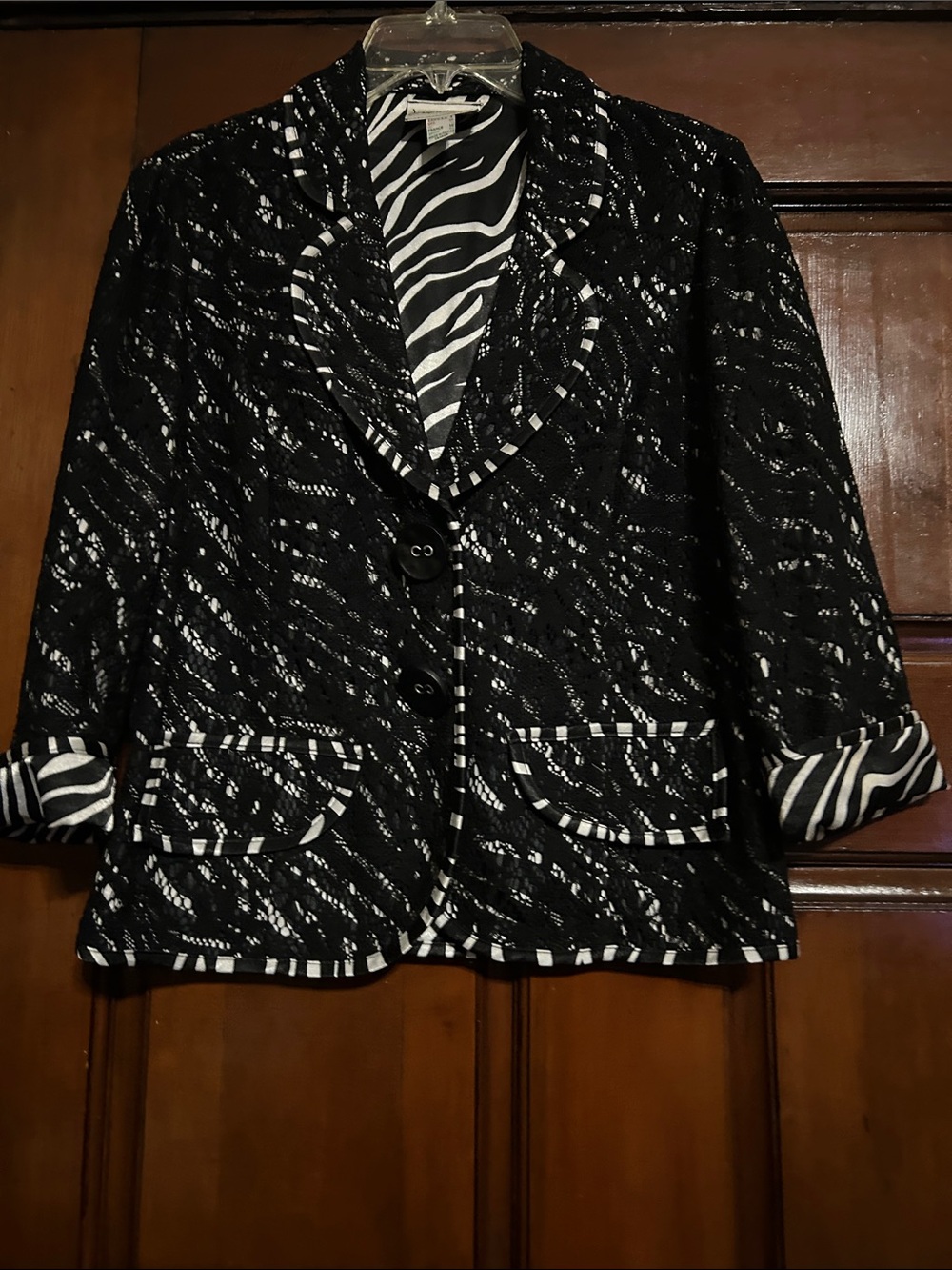 Joseph Ribkoff Black and White Patterned Zebra-Trim Blazer - Picture 2 of 8